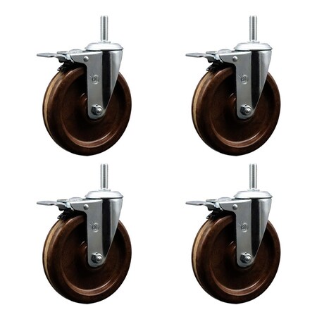 Service Caster 6 Inch High Temp Phenolic 58 Inch Stem Caster Set with Total Lock Brake SCC-TSTTL20S615-PHRHT-58212-4